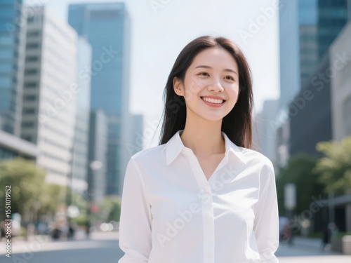 A woman in a white shirt smiles outdoors in an urban setting with modern buildings in the background.