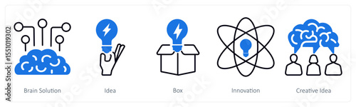 A set of 5 mix icons as brain solution, idea, box