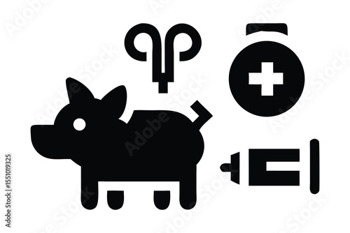 Black and white pig icon with medical symbols for veterinary or animal healthcare.
