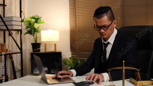 Male lawyer is sitting at work, using a laptop, and has legal books on his desk.