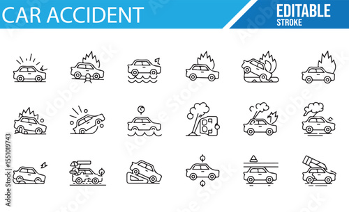 Car Collision, Damage, and Emergency Icons Set