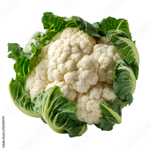 A fresh, whole cauliflower with vibrant green leaves isolated on transparent background