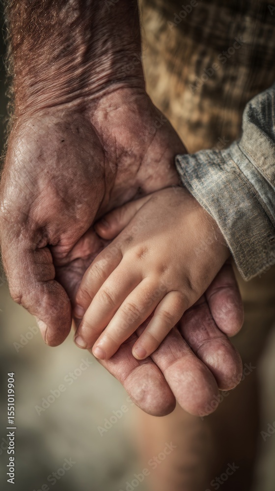 Fototapeta premium Elderly man hand holding a young child hand in soft light 