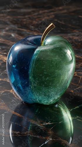 Here's a single sentence for describing the image:

Heart-shaped glass and candle with a glass ball on a black background and fresh green apples