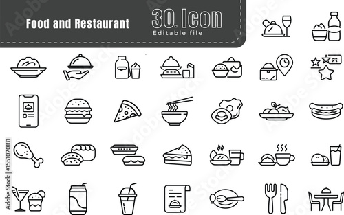 Restaurant and food service line icons set. Pixel perfect. Thin outline Editable Stroke for menus. Food Delivery, Pizza, Burger, Bread, Seafood, Vegetarian Food, Asian Food, Steak, Dessert.