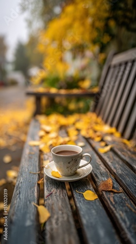 Hot coffee in a cup on a wooden bench surrounded by autumn leaves  