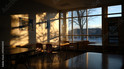 Late afternoon sunlight casting shadows in a quiet classroom  