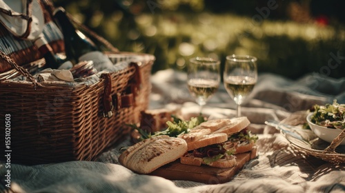 Picnic basket with sandwiches and white wine on blanket in sunny garden  