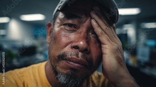 Middle-aged asian man feeling stressed at work with hand on forehead  