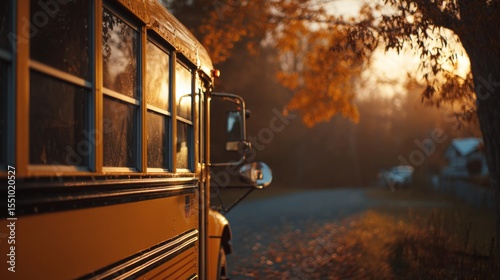 School bus parked beside autumn trees during golden hour  