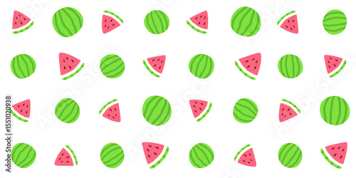 A whole green watermelon and its red triangular slices on a white background. Fruit pieces. Colorful endless texture with summer fruit. Vector seamless pattern for packaging, surface texture, printing