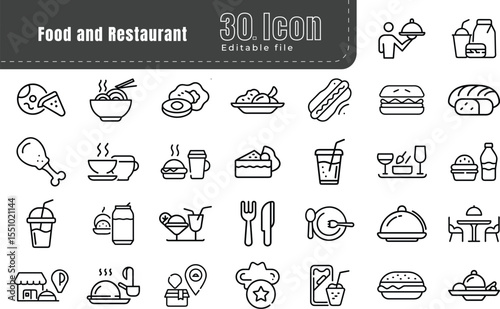 Restaurant and food service line icons set. Pixel perfect. Thin outline Editable Stroke for menus. Food Delivery, Pizza, Burger, Bread, Seafood, Vegetarian Food, Asian Food, Steak, Dessert.