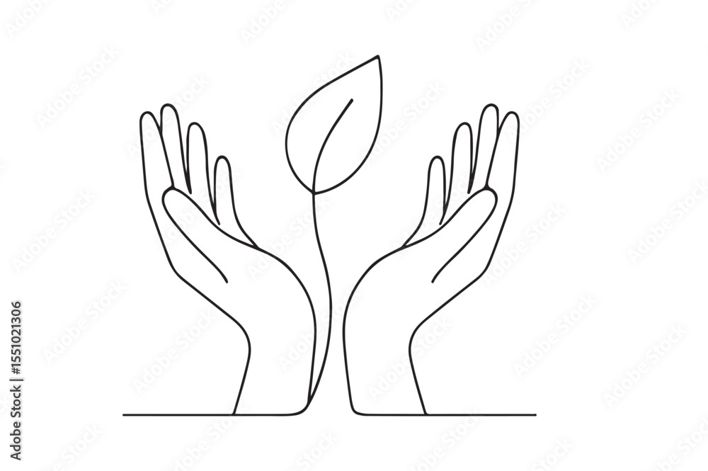 Fototapeta premium Eco Hands Holding Leaf continuous one line drawing minimalism design
