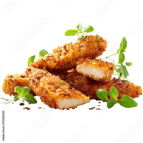 Crispy, golden-brown chicken tenders, piled high with fresh herbs