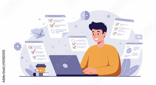Flat vector illustration of happy young businessman using a laptop with floating digital documents and checklists around him, modern workspace background, soft pastel colors
