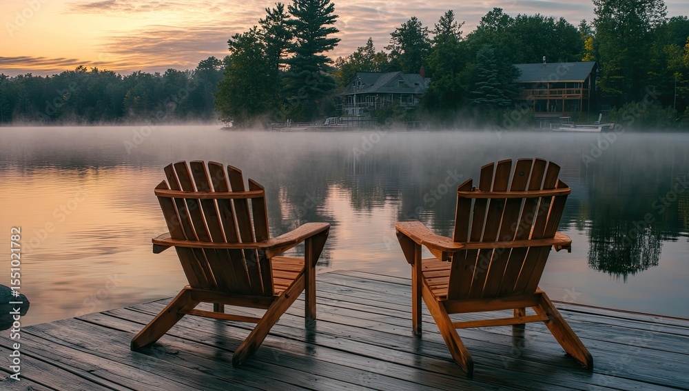 Fototapeta premium Tranquil lake sunrise view from a wooden dock with Adirondack chairs