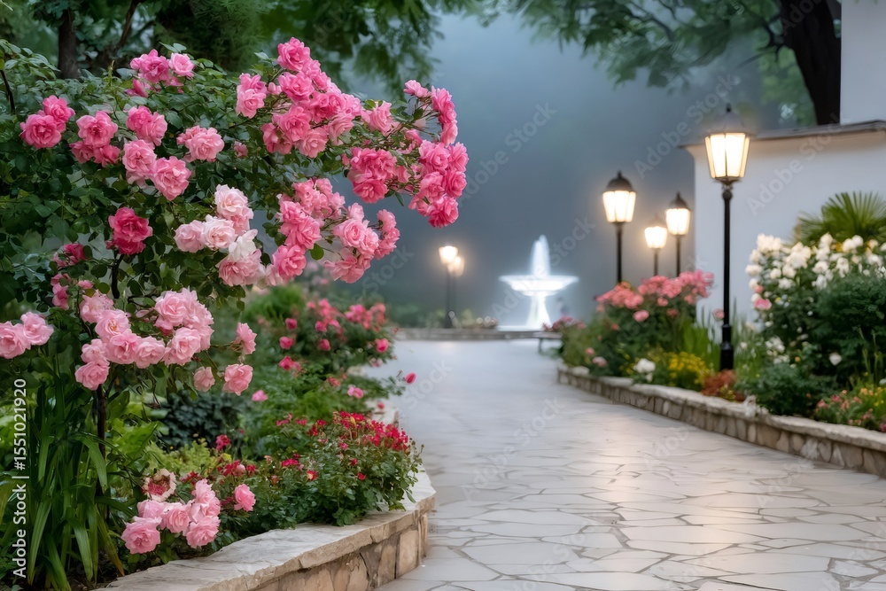 Fototapeta premium Pink roses blooming along pathway with illuminated streetlights leading to fountain in foggy park