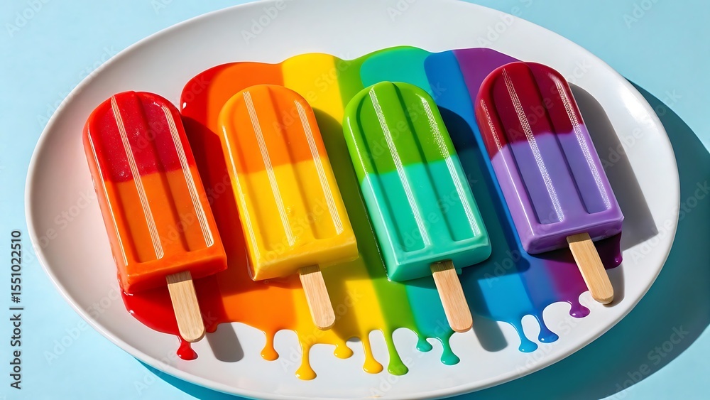 Fototapeta premium Four colorful rainbow popsicles melting on a white plate with vibrant dripping colors against a light blue background