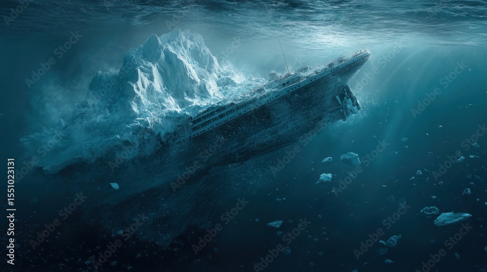 Fototapeta premium Historic Ocean Liner Pierced by Iceberg in Underwater Collision Below Arctic Surface