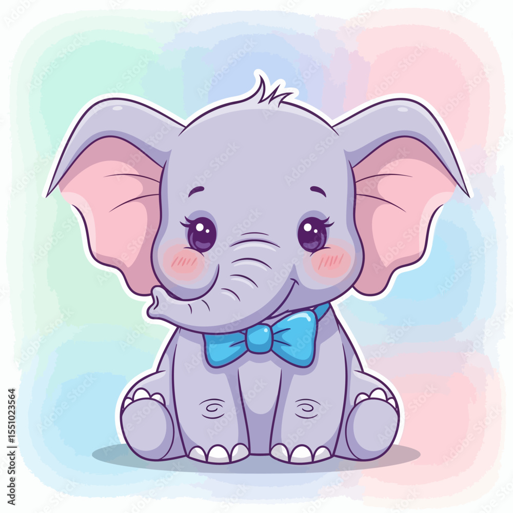 Fototapeta premium Adorable Baby Elephant with Light Purple Skin and Pink Ears Wearing a Blue Bow Tie Sitting Pose.