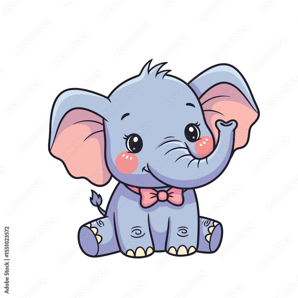 Fototapeta premium Adorable Cartoon Elephant with Pink Bow Tie and Blush Cheeks Sitting.