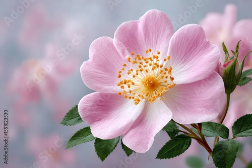 Sweetbrier rose blooming with delicate pink petals and yellow stamens