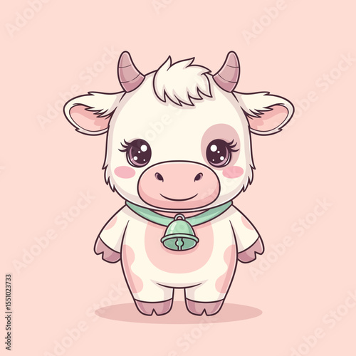 Adorable Cartoon Cow with Bell Collar and Big Eyelashes Illustration.