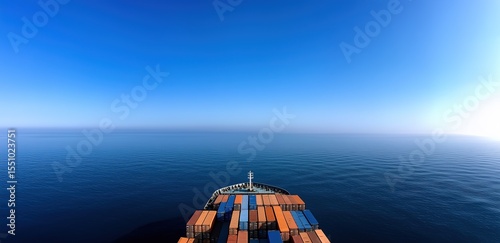Minimalist Cargo Ship: Lone Container Vessel in Boundless Blue Sea for Shipping Branding & Marine Art Creation