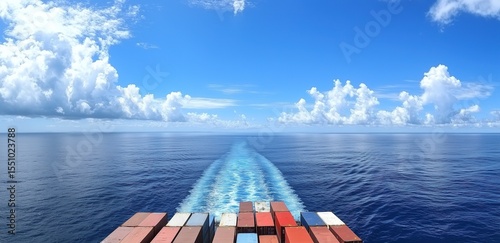 Ocean Cargo Ship Sailing: Stacked Containers with Vast Blue Sea & Clouds for Logistics Promotion & Marine Economy Theme Design