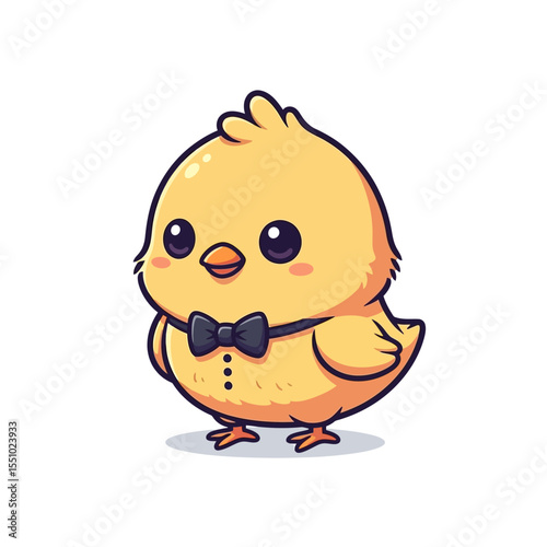Cartoon Yellow Chick with Bowtie: Cute and Stylish Bird Character.