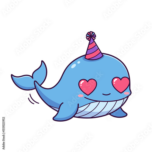 Adorable Cartoon Whale with Heart Eyes and Party Hat Smiling Happily.
