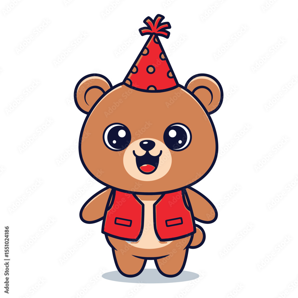 Obraz premium Cartoon Brown Bear Wearing a Red Party Hat and Vest Illustration.