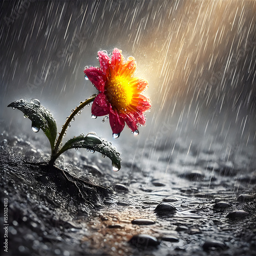 A Vibrant Flower Blooming Amidst Soaked Grey Surroundings in the Rain Symbolizing Growth and Resilience in Adverse Conditions