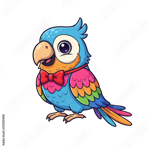 Adorable Cartoon Parrot with Colorful Feathers and Red Bow Tie.