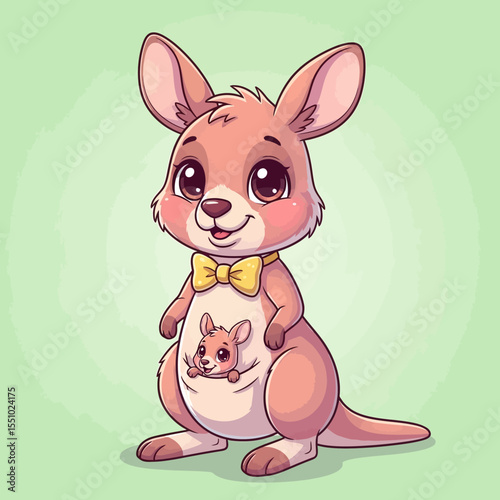 Cute Cartoon Kangaroo with Baby in Pouch and Bow Tie.
