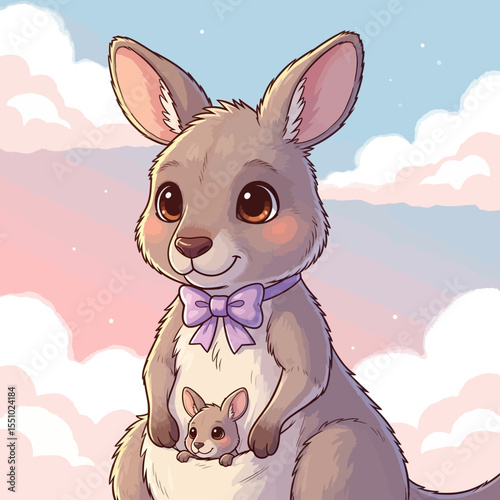 Adorable Mother Kangaroo with Joey in Pouch Wearing Lavender Bow.