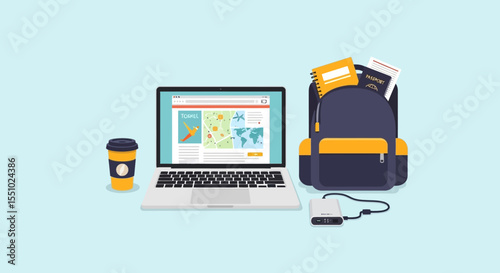 Travel Essentials: Laptop Displaying Map Backpack with Passport Coffee Cup and Hard Drive.