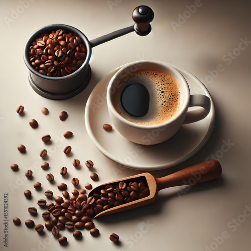A Delightful Hot Coffee Cup with Visible Steam and Coffee Scoop Beside It, Perfect for Capturing Cozy Coffee Moments
