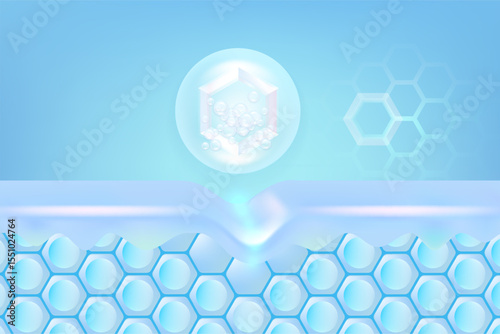 Hyaluronic acid and Niacinamide hair and skin solutions ad, blue collagen serum drops into skin cell with cosmetic advertising background ready to use, illustration vector.	