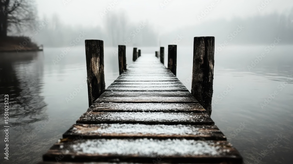 Fototapeta premium A tranquil wooden dock emerges into a serene landscape, enveloped by fog, reflecting calmness and solitude, creating a perfect escape into nature's peaceful embrace.