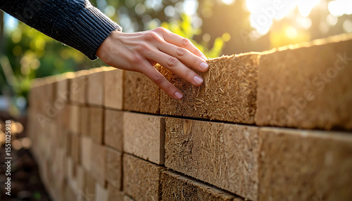 Tactile Connection: A gentle touch explores the rough-hewn texture of meticulously arranged blocks, basking in warm sunlight. 