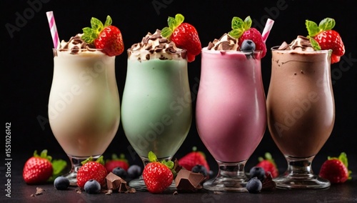 Three glasses of colorful milkshake cocktails - chocolate, strawberry and vanilla decorated with fresh berries and mint isolated at black background.


