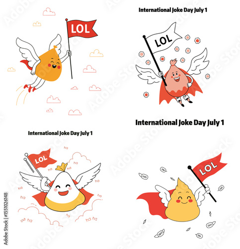 4 vector set of Flying whoopee cushion holding LOL flag flat funny vector art for International Joke Day on white background