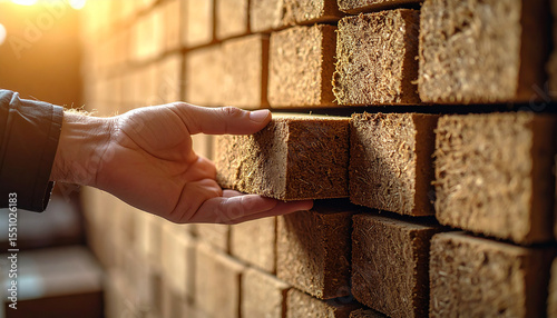 Hand Picking Compressed Wood Brick: A hand carefully selects a compressed wood brick from a neatly stacked wall of similar bricks, highlighting the texture and craftsmanship.