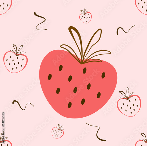 Minimal vector illustration of strawberries with doodle-style seeds and leaves on a soft pink background. Cute seamless fruit pattern for kids or fabric design.