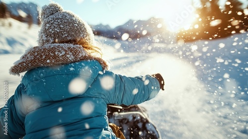 A cheerful child bundled in winter clothing gleefully rides down a snowy slope, capturing the joy of winter play against a bright sunlit backdrop, conveying happiness.