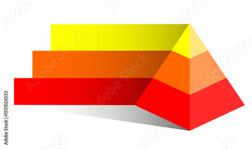 Infographic statistical hierarchical illustration of yellow and red triangles divided and cut into thirds , Pyramid shape made of three layers for presenting business ideas or statistical data