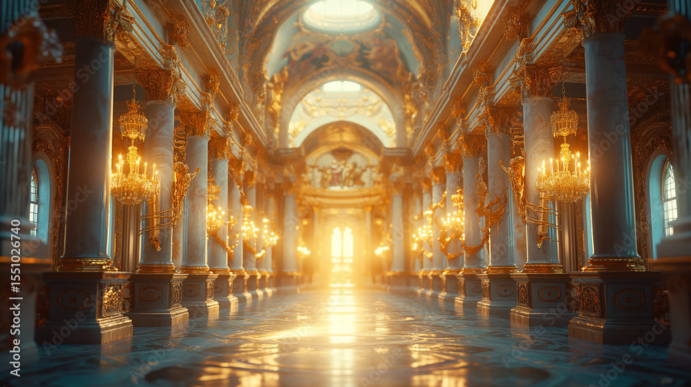 Obraz premium Golden sunlight streaming through grand palace hallway. Ornate chandeliers, marble columns, and royal decor. Perfect for luxury, history, or fantasy settings.