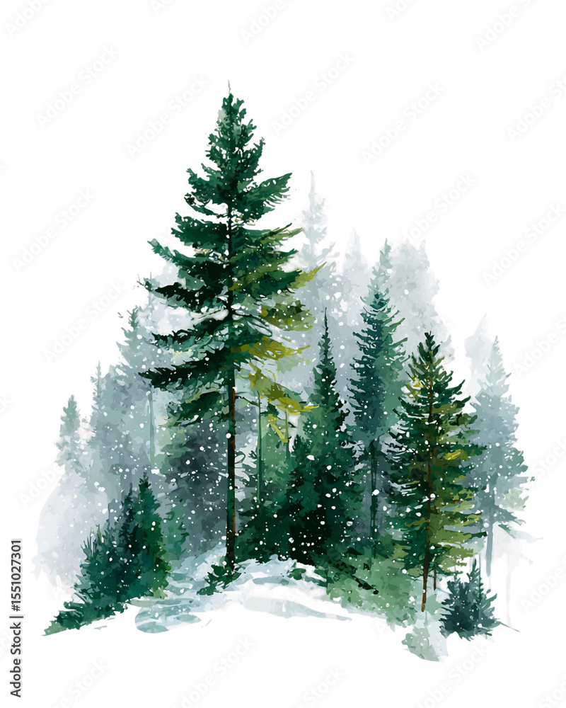 Obraz premium Watercolor Winter Forest Scene with Falling Snow, PNG