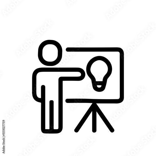Line Drawing Man Presenting Light Bulb Idea on Whiteboard Illustration